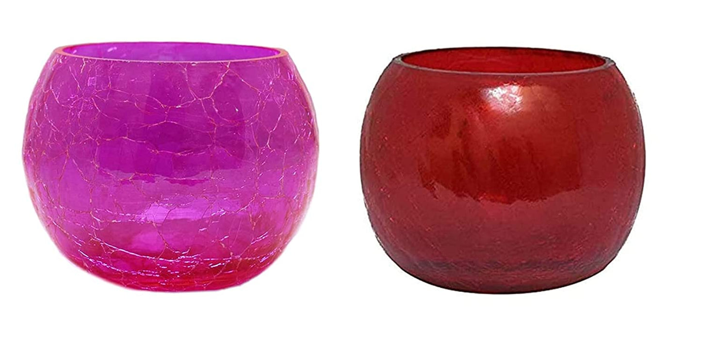 Om Craft Villa Glass Tea Light Candle Holder (Pink & Red)