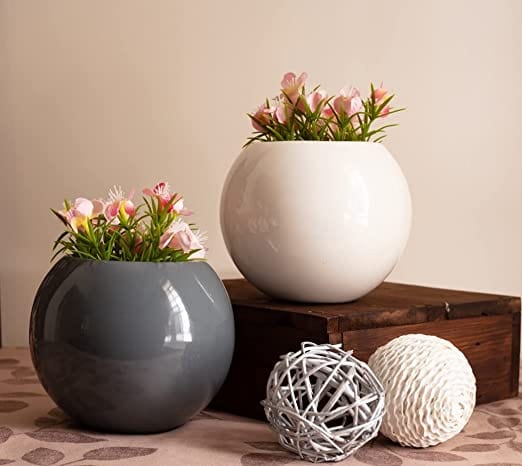 LLOKA Table Top Fiberglass Pots & Planters Combo (Large in White - Small in Grey)
