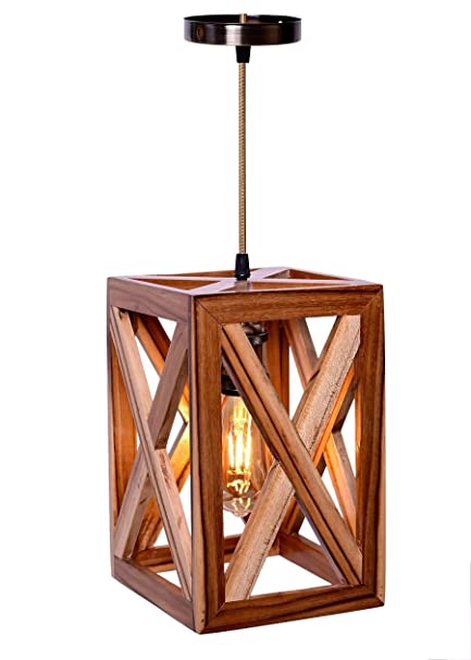 The Weaver's Nest Teak Wood Square Shaped Pendant Design Hanging Light/Lamp (18 X 18 X 28 cm, Wire:90cm)