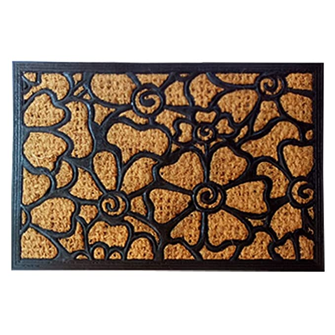 Mats Avenue Two Rubber Coir Welcome and Flower Design Doormats (24x16cm), Beige & Black