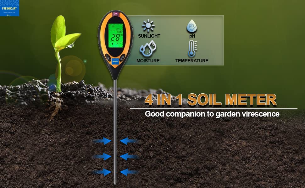 FreshDcart Planter Sensor - 4-in-1 - pH Acidity, Moisture Level, Water & Soil Tester (with Sensor Prob & Digital LCD Display)