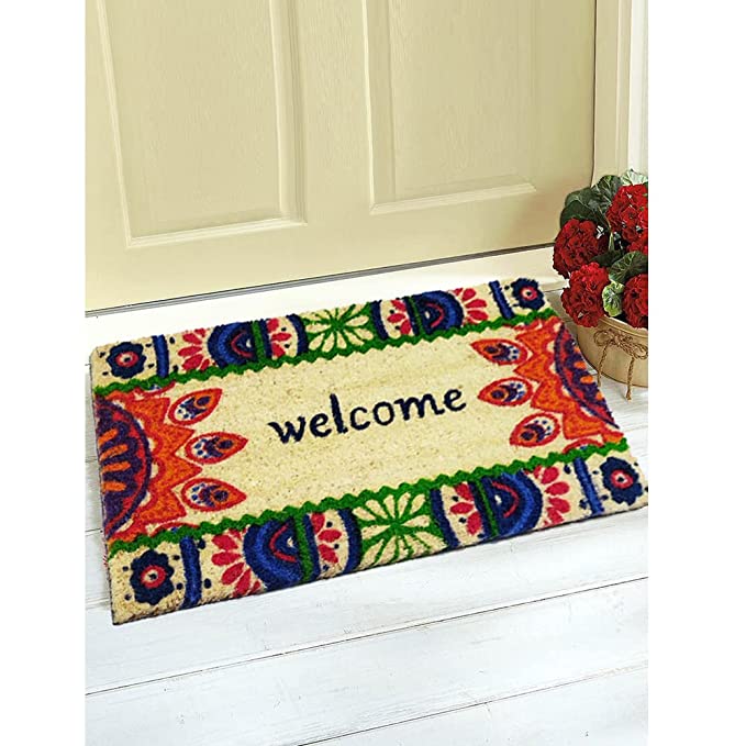 Mats Avenue Coir and Rubber Hand Printed Welcome Door Mat (40x60cm), Multi-Color