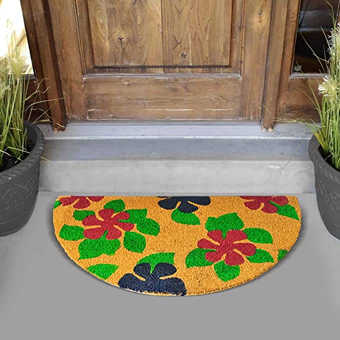 Mats Avenue Half Moon Floral Coir Door Mat (50x90 cm), Large