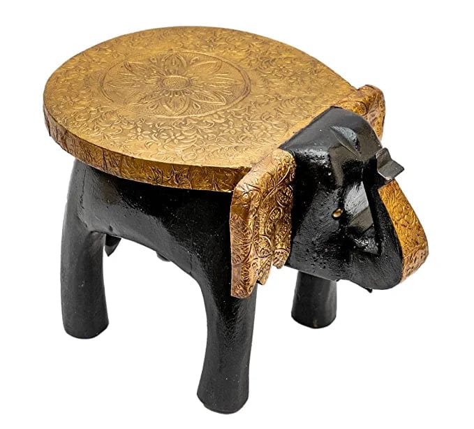 Naturals Export Elephant Shaped Black-Gold Handcrafted Wooden Stool (8 Inches)