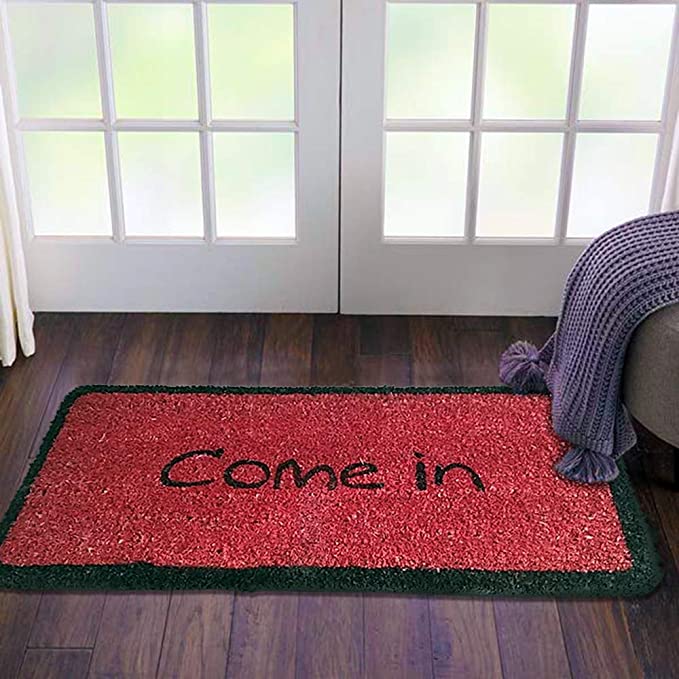 Mats Avenue Come in Theme Printed Natural Coir Door Mat (35x70cm), Red Base