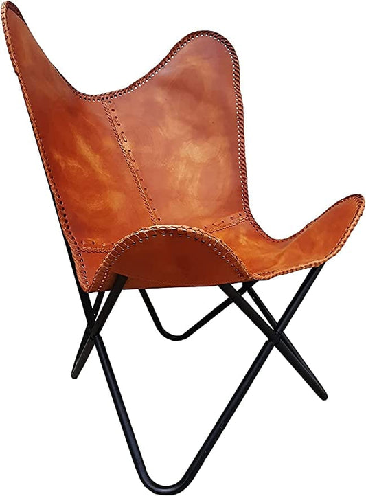 Orbit Art Gallery Leather Butterfly Brown Folding Chair Handmade (Powder Coated)