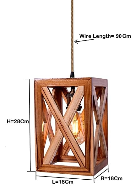 The Weaver's Nest Teak Wood Square Shaped Pendant Design Hanging Light/Lamp (18 X 18 X 28 cm, Wire:90cm)