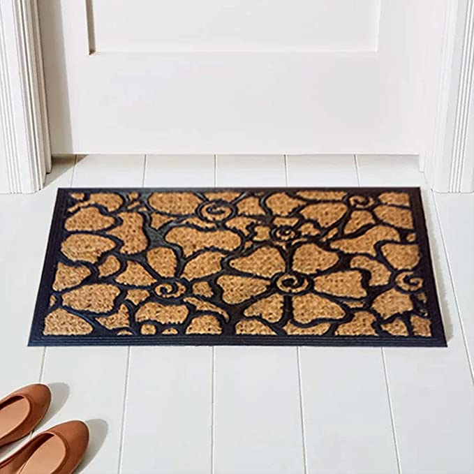 Mats Avenue Two Rubber Coir Welcome and Flower Design Doormats (24x16cm), Beige & Black