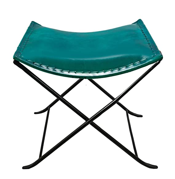 Orbit Art Gallery Handmade Butterfly Green Leather Chair cum Stool With Iron Frame (Powder Coated)