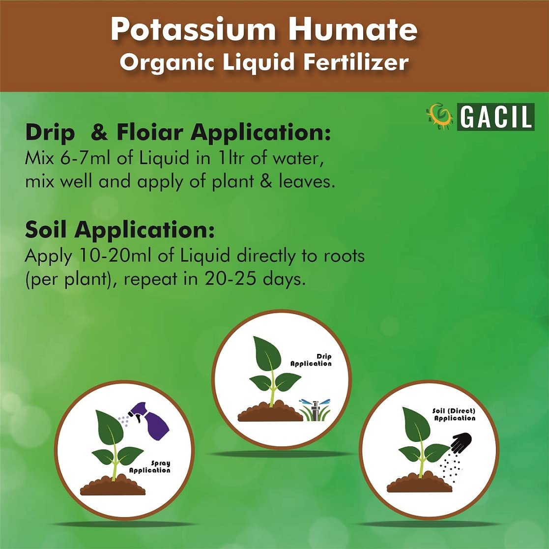 Gacil Potassium Humate Organic Liquid Fertilizer Natural Growth Promoter (100 ml)
