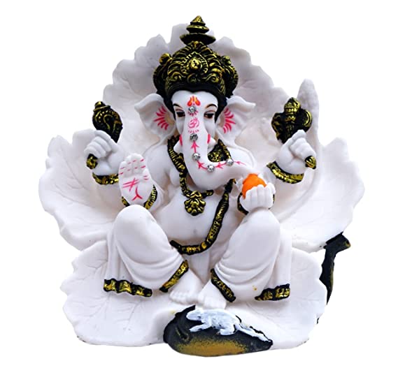 Naturals Export Ceramic Lord Ganesh Sitting On Leaf Statue (White)
