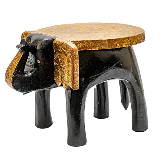 Orbit Art Gallery Elephant Shaped Black Gold Handcrafted Wooden Stool Cum Side Table