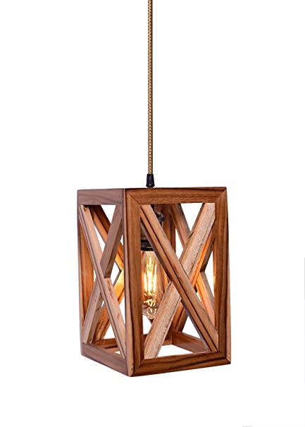 Teak Wood Square Shaped Pendant Design Hanging Light/Lamp (18 X 18 X 28 cm,  Wire:90cm)