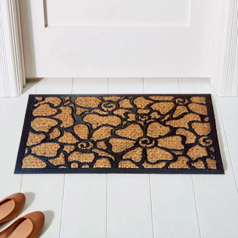 Mats Avenue Black & Beige Color Floral Pattern Coir and Rubber Doormat (40x60cm)