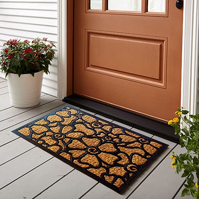 Mats Avenue Two Rubber Coir Welcome and Flower Design Doormats (24x16cm), Beige & Black