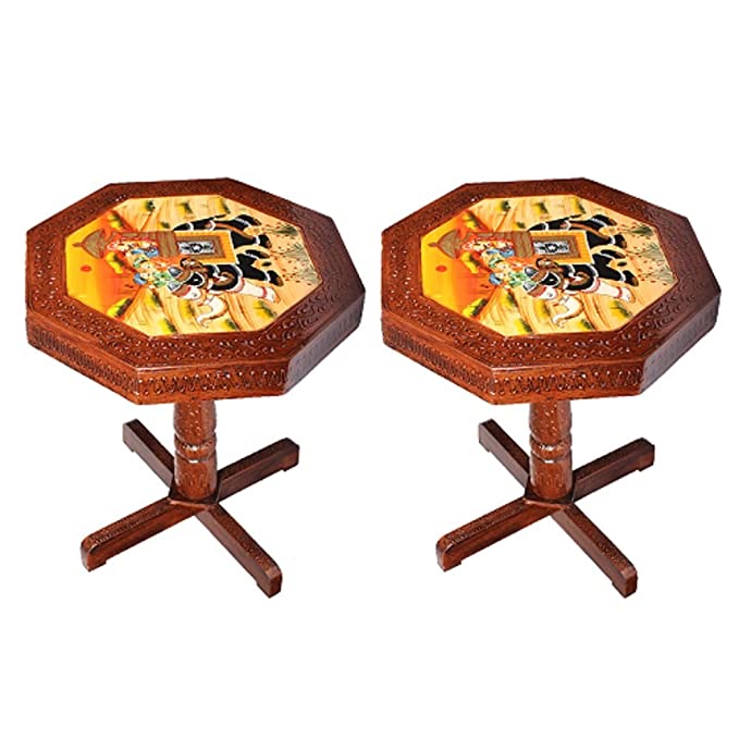 Orbit Art Gallery Handcrafted and Handpainted Wooden Stool Cum Side Table (15 Inch - Set of 2)