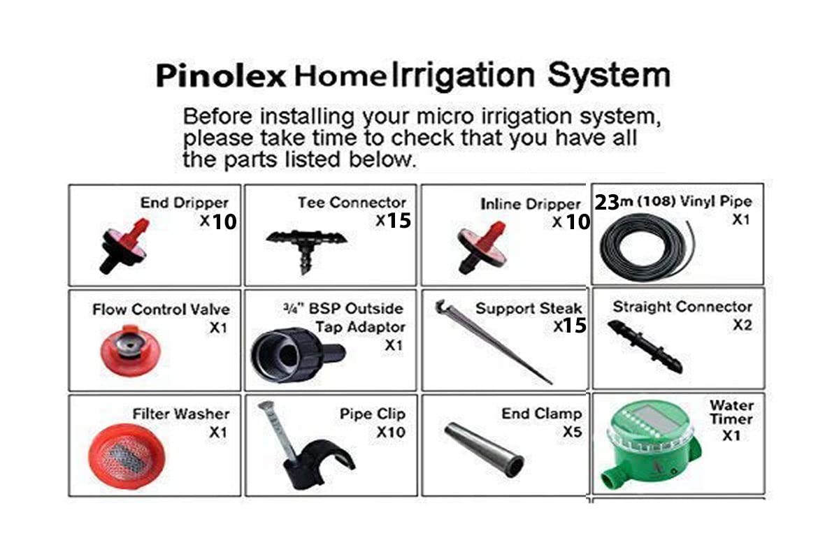 Pinolex Drip Irrigation - Gardener's Micro Drip Kit for 20 Potted Plants + Watering Timer (Combo)