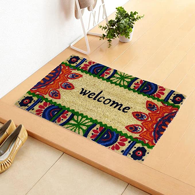Mats Avenue Coir and Rubber Hand Printed Welcome Door Mat (40x60cm), Multi-Color