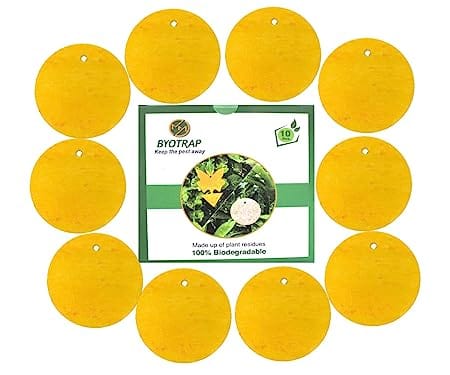 Byotrap Biodegradable/ Compostable Sticky traps, Round design with ties for Home & Gardens, Flowers & Vegetable gardens, Terrace garden, Indoor Plants to control Aphids, Whiteflies, Mites, Thrips, Leaf hoppers, Fungus gnats, Fruit flies (Pack of 10)
