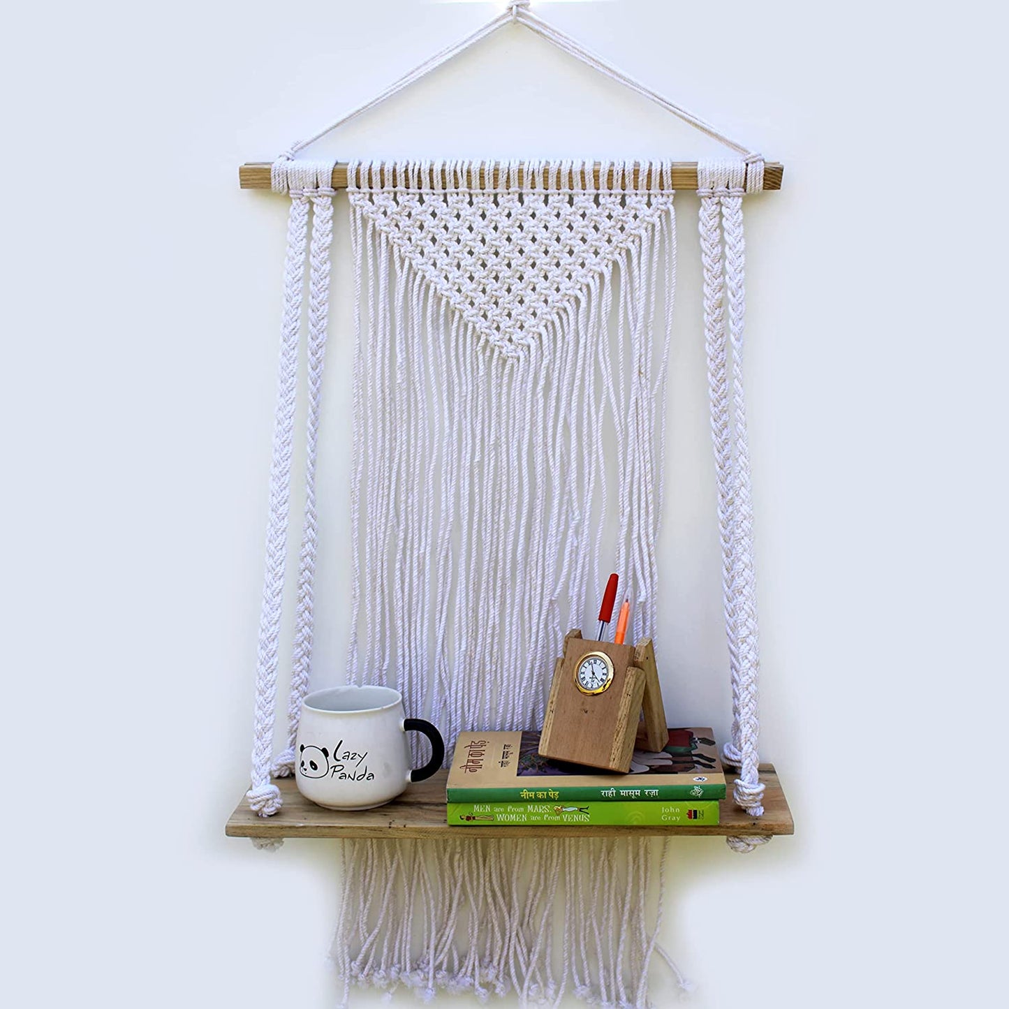 Tier-1 White Macrame Design with Jute Rope Floating Wall Shelf