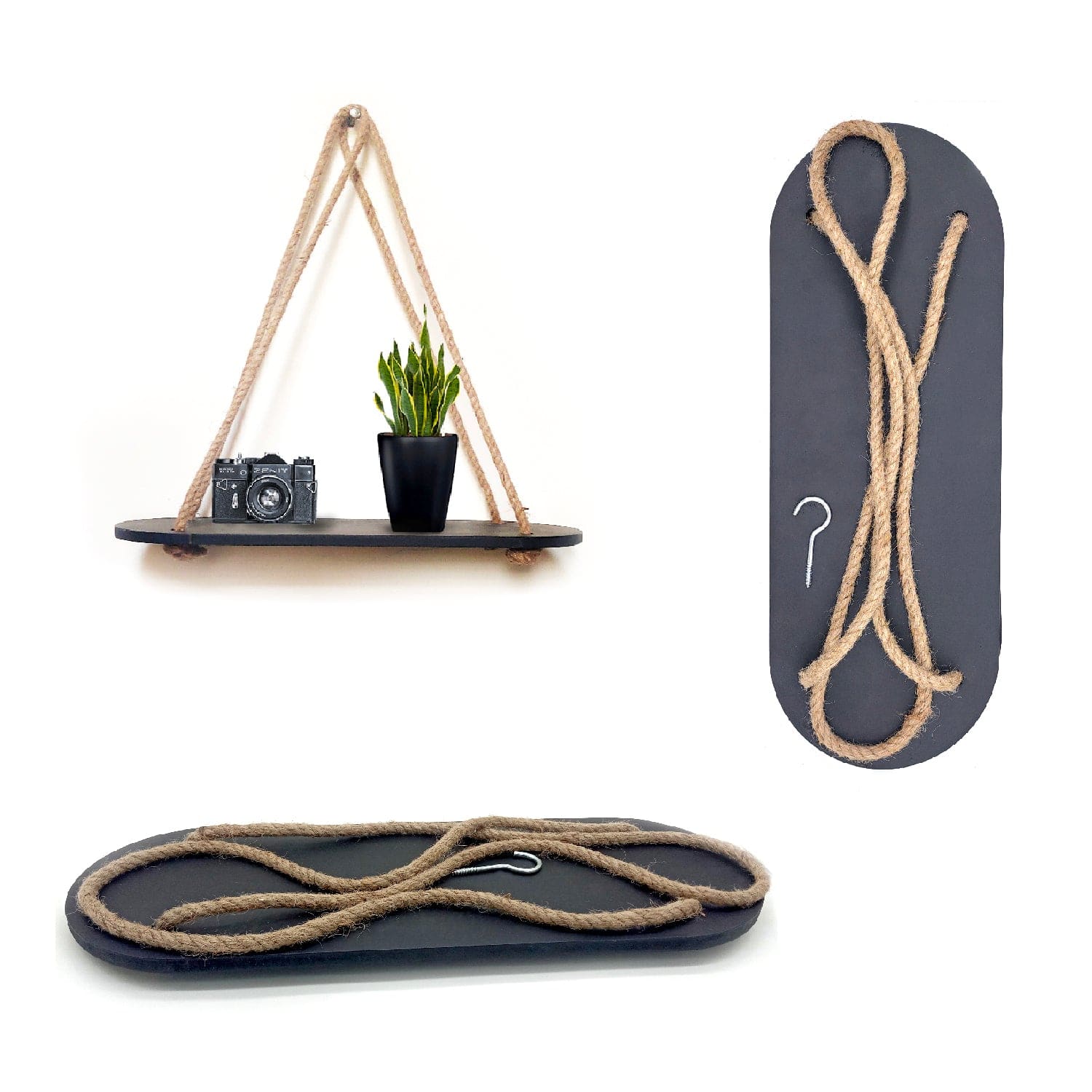 Wood Rectangle Oval Black Wall Hanging Wall Shelf With LED Light