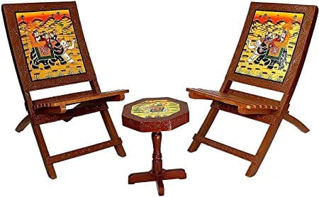 Naturals Export Multicolour Rajasthani Design Handmade Wooden Folding Chairs and Table Set