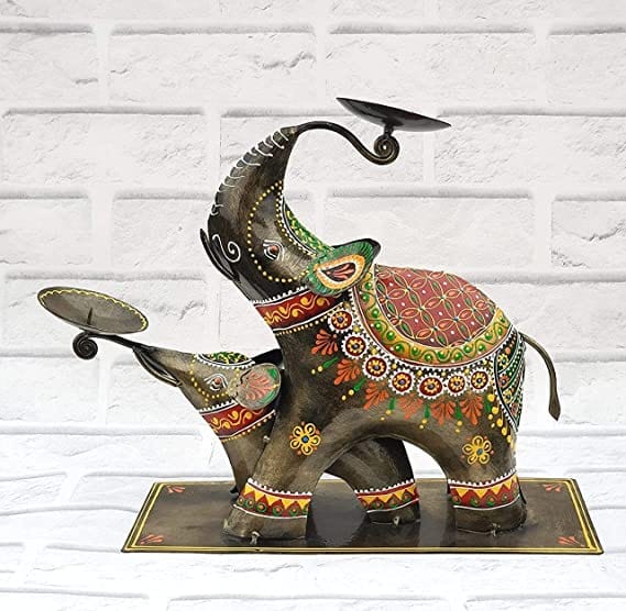 Orbit Art Gallery Handcrafted Multicolor Elephant T-Light Candle Holder (Set of 2), Metal