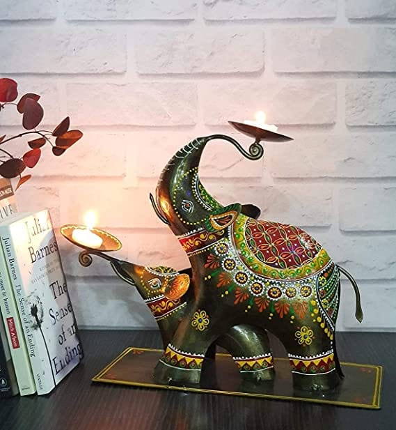 Naturals Export Handcrafted Multicolor Elephant T-Light Candle Holder (Set of 2), Metal