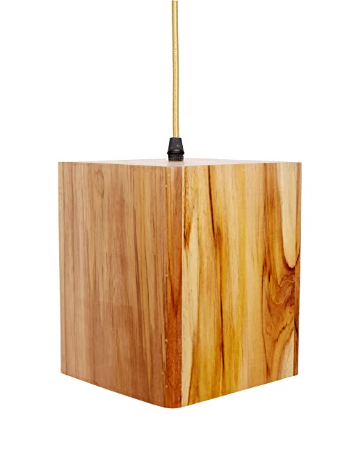 Rustic Solid Teak Wood Square Shaped Pendant Hanging Light/Lamp, (15 X 15 X  18 cm,Wire: 90cm)