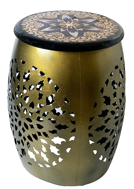 Orbit Art Gallery Iron & Wood Handcrafted Stool with Brass Finish (13x13x17 Inches)