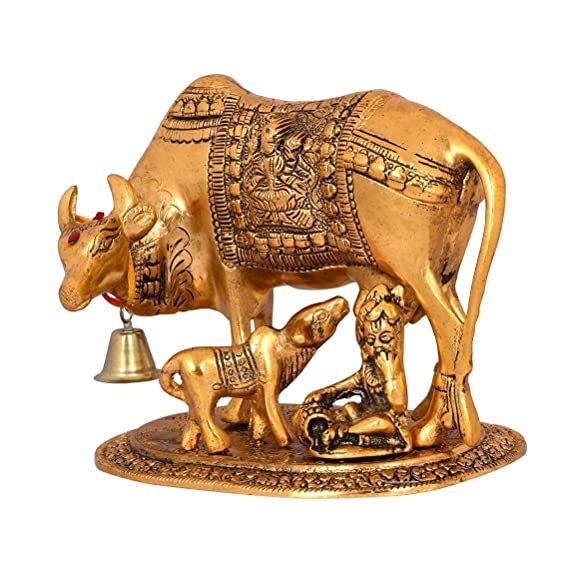Naturals Export Kamdhenu Cow with Calf and Krishna Idol (Brass)