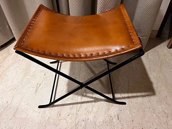 Naturals Export Handmade Leather Butterfly Folding Chair with Powder Coated (Tan) - 17x19x18 Inches