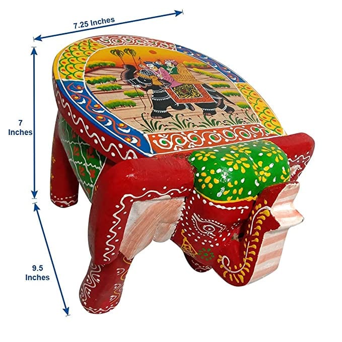 Orbit Art Gallery Elephant Shaped Multicolor Handcrafted Wooden Stool Cum Side Table (8 Inch)