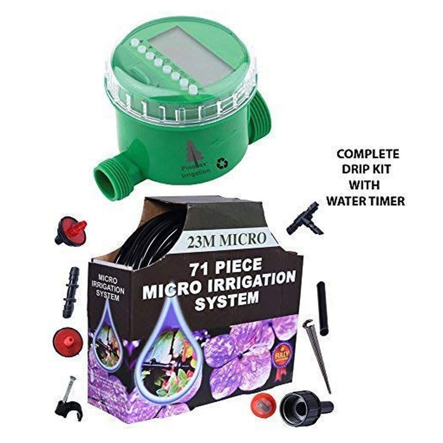 Pinolex Drip Irrigation - Gardener's Micro Drip Kit for 20 Potted Plants + Watering Timer (Combo)