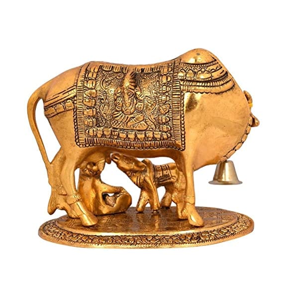 Naturals Export Kamdhenu Cow with Calf and Krishna Idol (Brass)