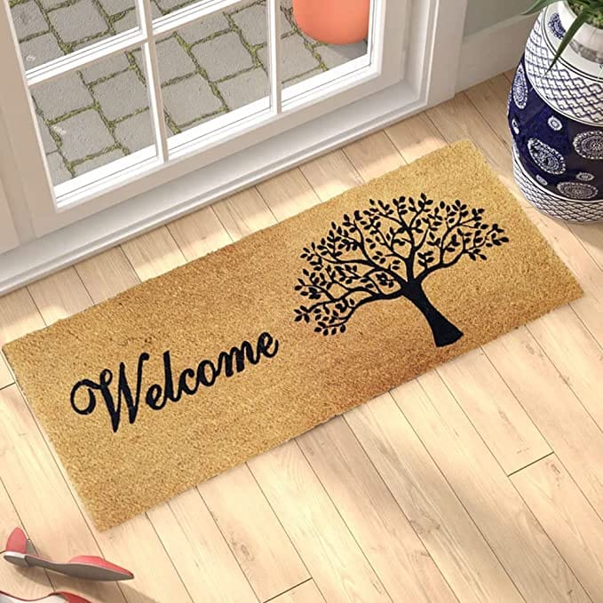 Mats Avenue Hand Printed Tree Theme Welcome Coir Doormat (40x120cm), Natural Brown