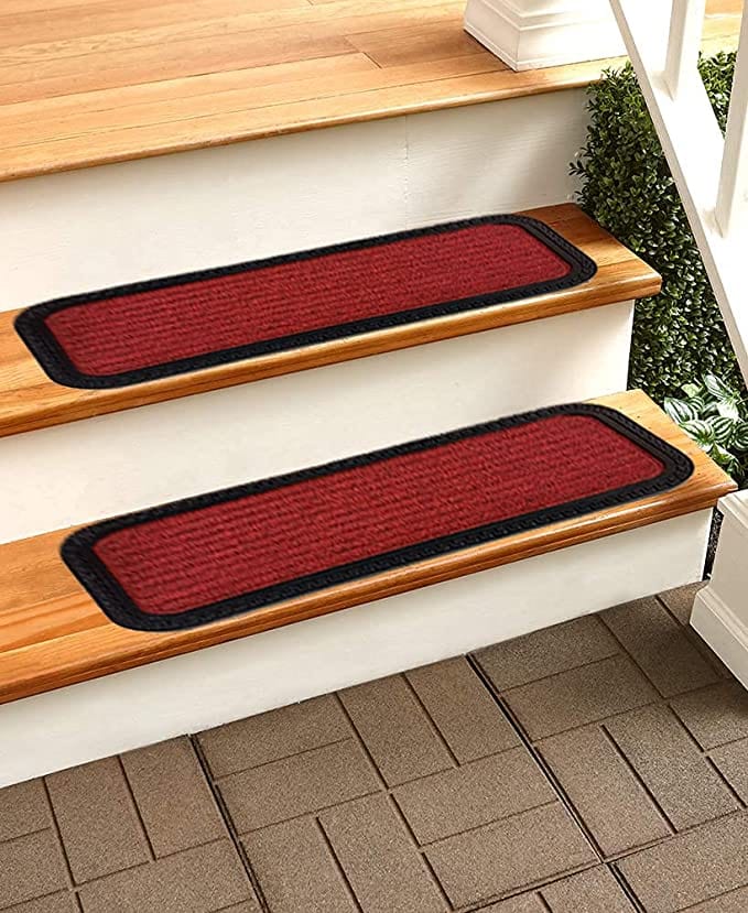 Mats Avenue Polypropylene And Rubber Striped Step Red And Grey Color, 25 x 60 Cm (Set of 2)