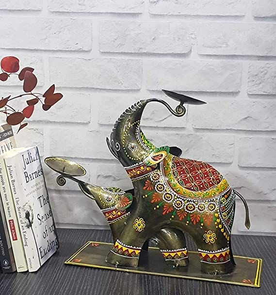 Orbit Art Gallery Handcrafted Multicolor Elephant T-Light Candle Holder (Set of 2), Metal