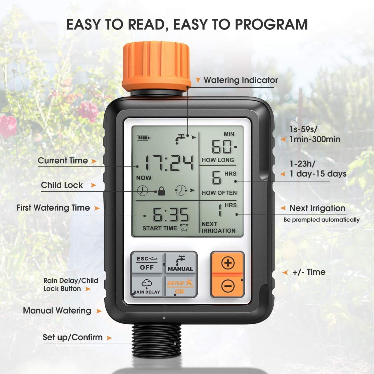 Pinolex Drip Irrigation Watering Timer & Controller (With 3inch Large Screen)