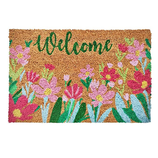 Mats Avenue Multi Color Coir Door Mat Welcome Floral Theme (40x60 cm, Set of 1)