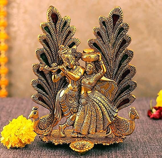 Naturals Export Radha Krishna Idol with Mutki Diyas and Pebbles
