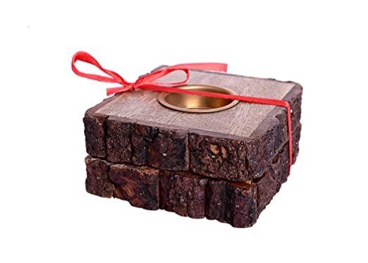 The Weaver's Nest Wooden Bark Handmade Tealight Square Shaped Candle Holder, Brown (10 X 10 X 2.5 cm)