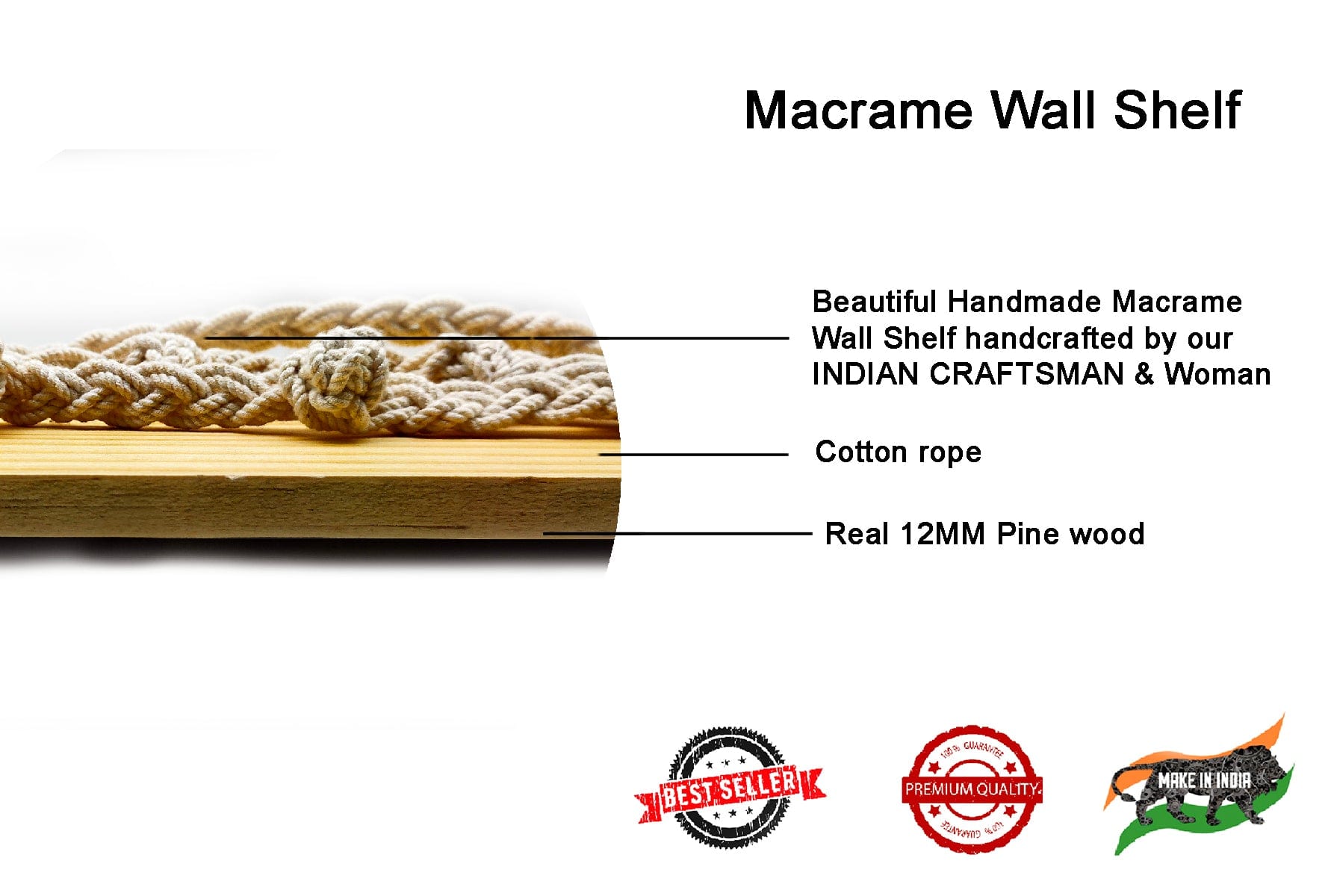 Handmade Wall Hanging Floating Shelf With Macrame, Beige And Cream