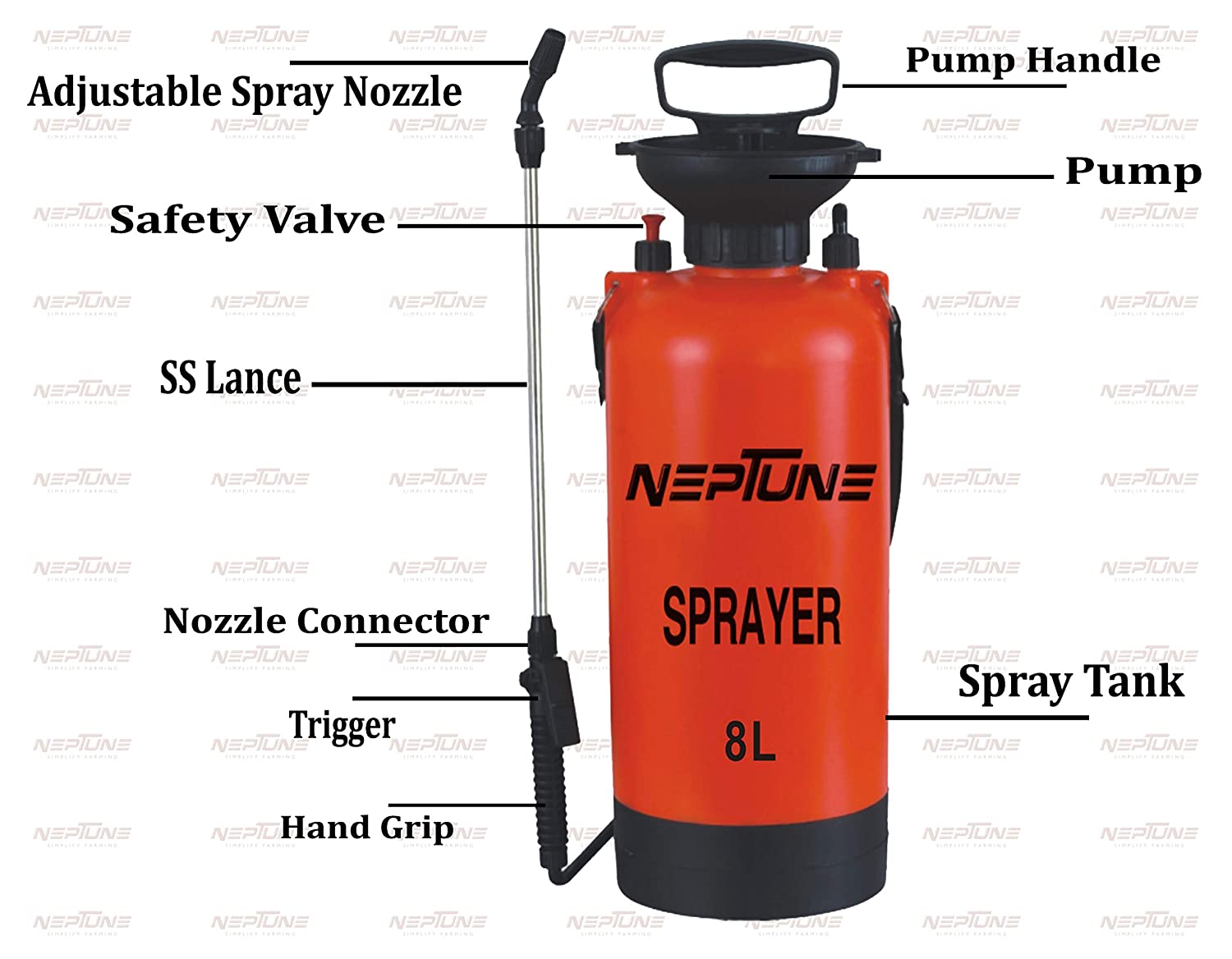 Neptune Simplify Farming Garden Pressure Sprayer (Hand Operated, 8 Litres)