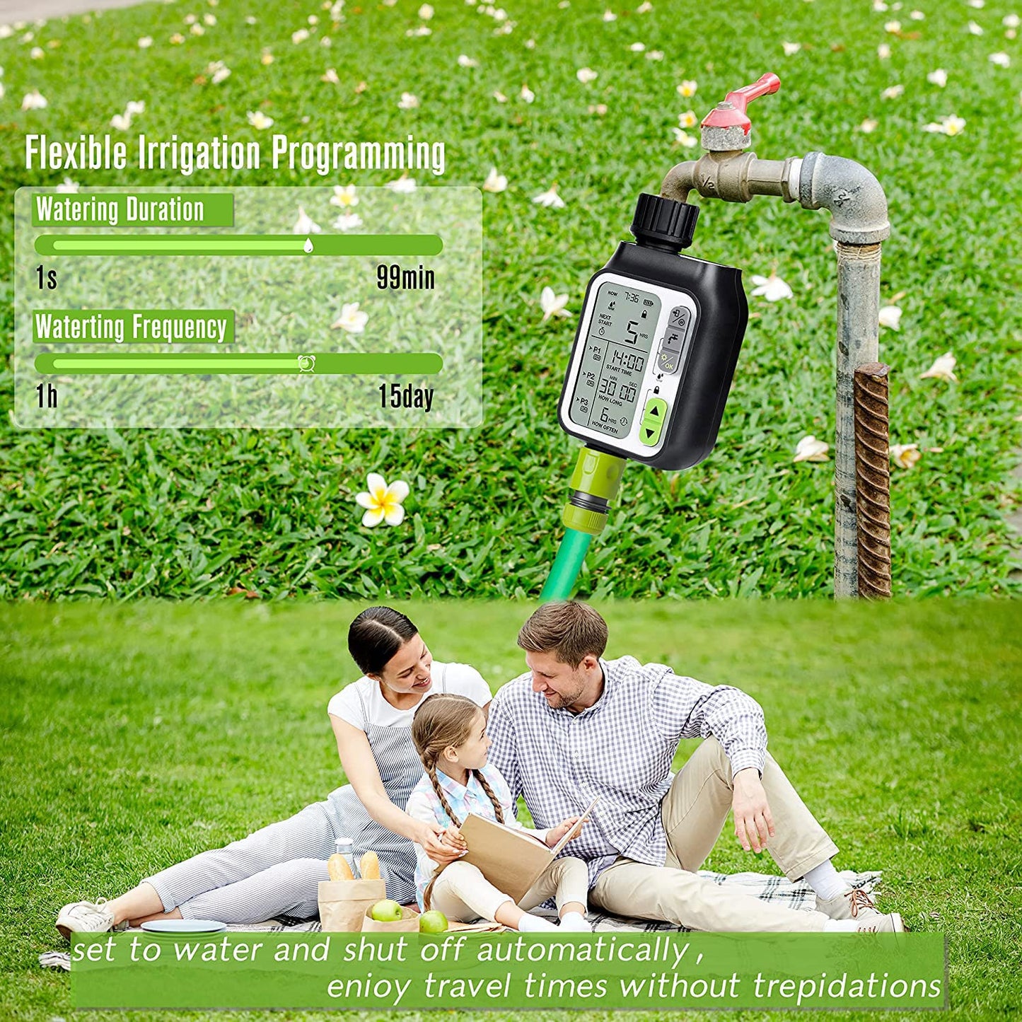 Pinolex Sprinkler Watering Timer & Irrigation Controller (With 3 Watering Programs, Rain Auto Sensor, 3.5 inch Screen, IPX5, Child Lock)