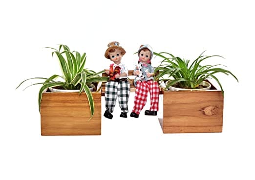The Weaver's Nest Wooden Planter Pots with Boy and Girl Figurines (37 X 12 X 12 cm)