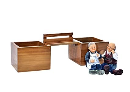 The Weaver's Nest Wooden Bench Decorative Planter with Two Pots & Old Couple Figurines (37x12x12 cm)