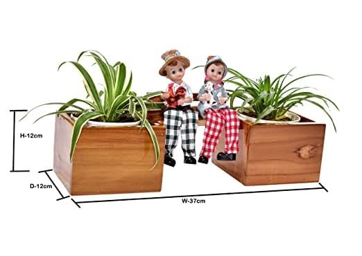 The Weaver's Nest Wooden Planter Pots with Boy and Girl Figurines (37 X 12 X 12 cm)
