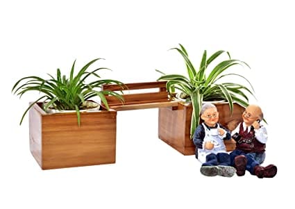 The Weaver's Nest Wooden Bench Decorative Planter with Two Pots & Old Couple Figurines (37x12x12 cm)