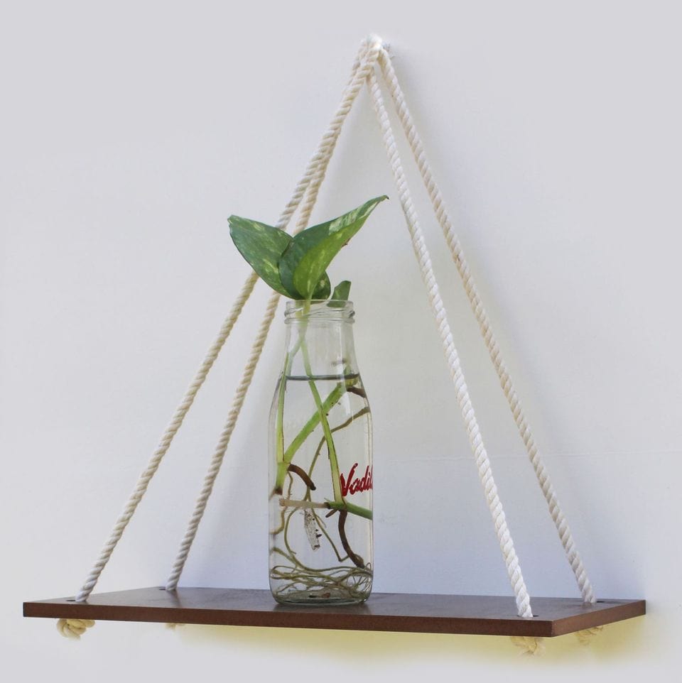 Wooden 1 Layer Wall Shelf With White Jute Rope